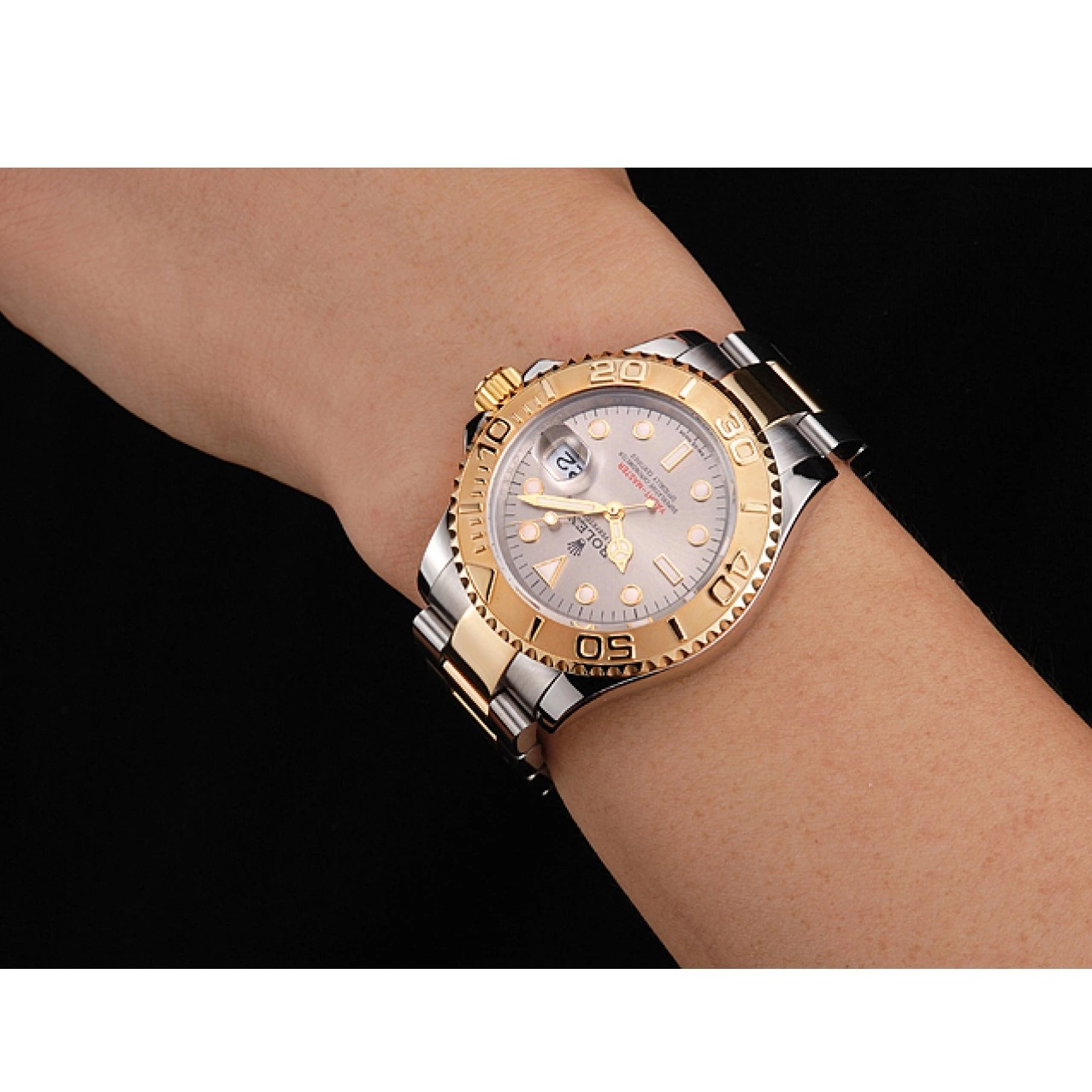 Aaa replica watch Tone Case Bracelet Gold Bezel Two Yacht-Master Stainless Rolex Swiss Champagne Dial Steel 0717